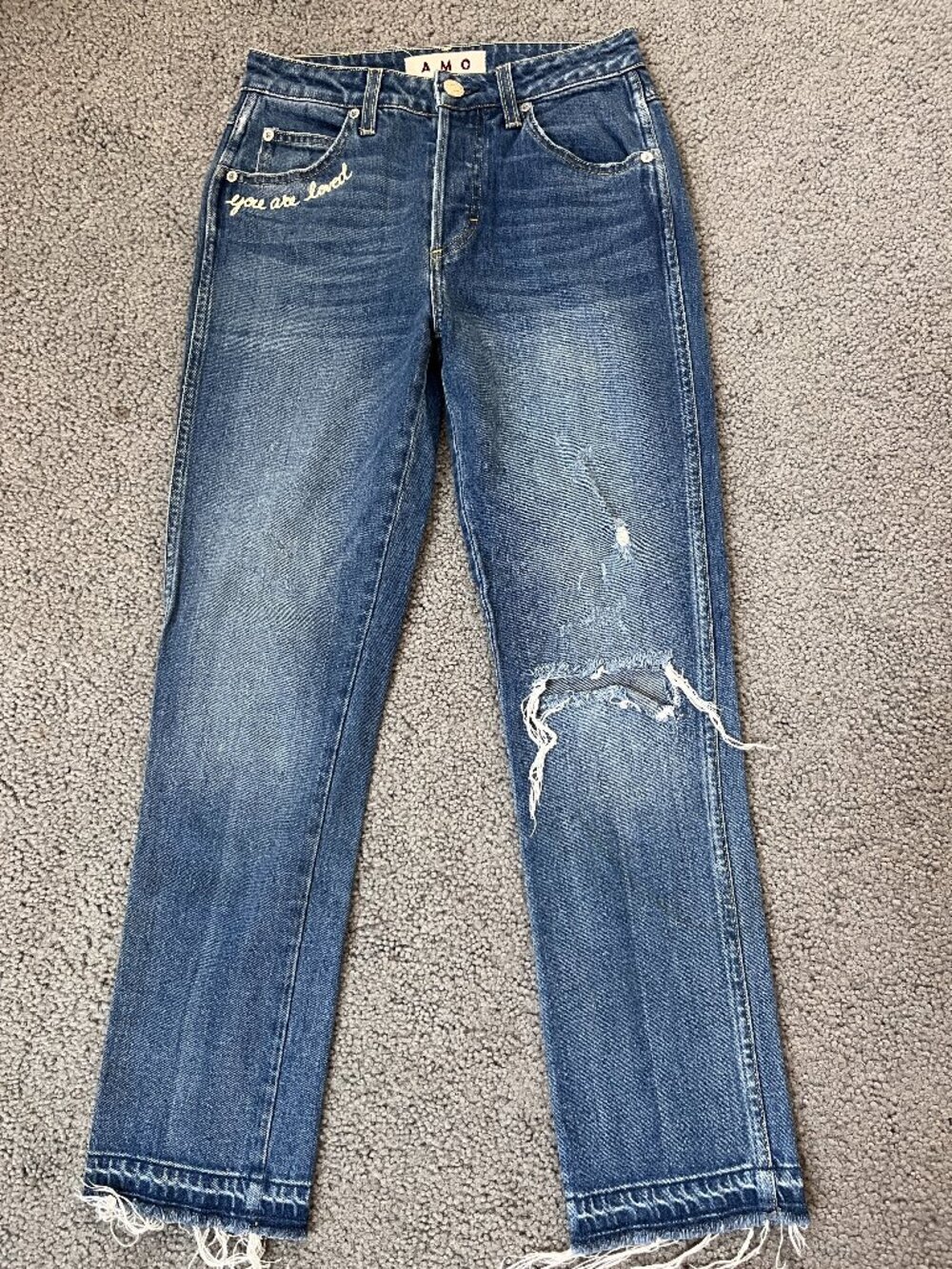 RARE AMO BABE DOVE BAR DESTROY "YOU ARE LOVED" EMBROIDERED JEANS - EUC - 26